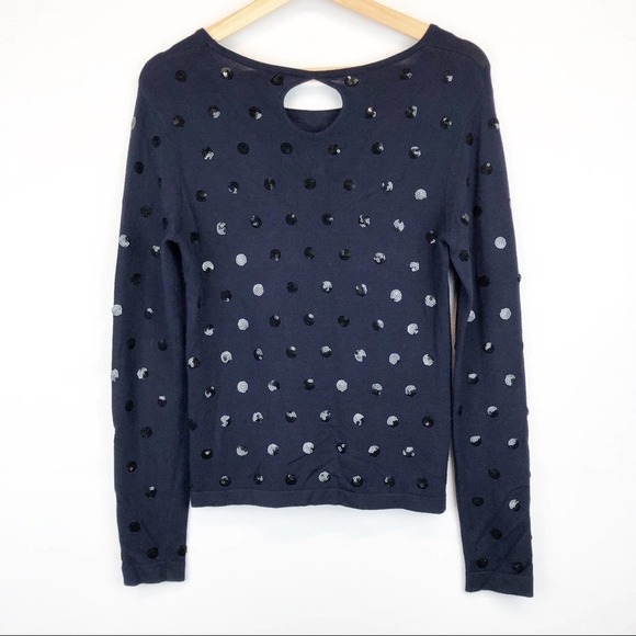 Saks Fifth Avenue Navy Blue Keyhole Sweater Sequin Polka Dot Long Sleeve Top S - Picture 3 of 5